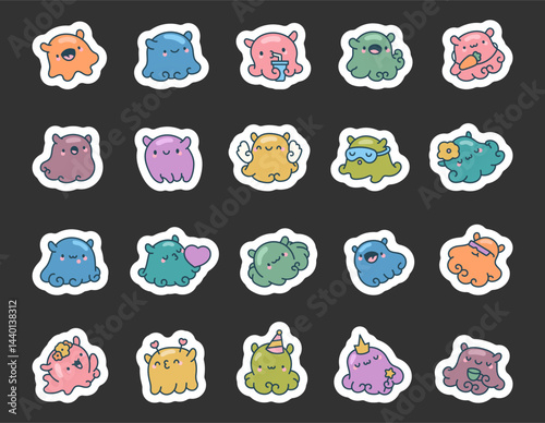 Charming octopus dumbo character set showing emotional moments with smiling faces, cute objects, funny accessories, magical items and cozy expressions for yours designs projects