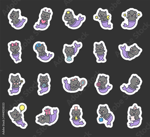 Cute mermaid cat character set with smiling poses, charming hat, happy emotions, magical items, birthday symbols, sleeping moments and underwater accessories for yours projects