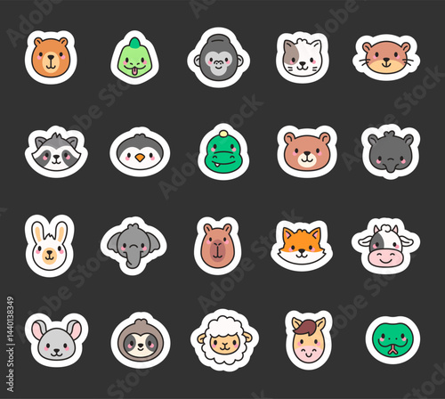 Animal face character set with funny emotions, charming fur creatures, cute reactions, friendly species, happy styles and adorable illustrations for yours designs projects