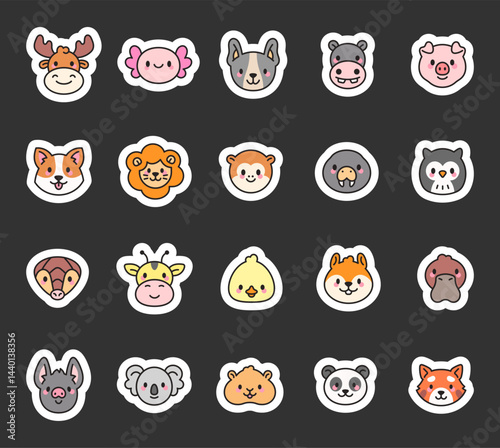 Animal face character set showing smiling heads of cute mammals, exotic creatures, birds and funny rodents with charming emotions for your creative projects