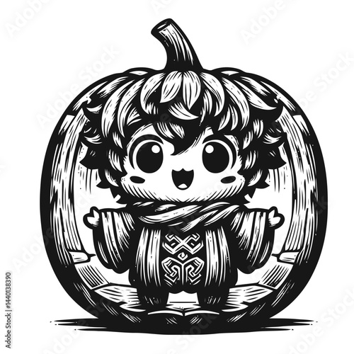 Chibi figure enthusiastically carving pumpkins for Halloween amid bright autumn decorations and festive spirit