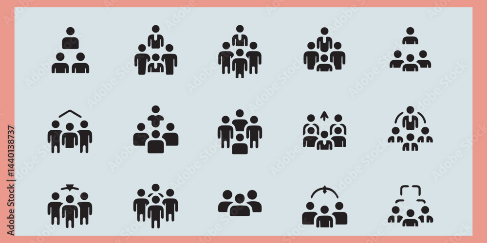 Fototapeta premium A grid of 12 black icons on a light blue background, each icon representing different groups of people. The icons include a group of four people standing together, a group of three people standing tog