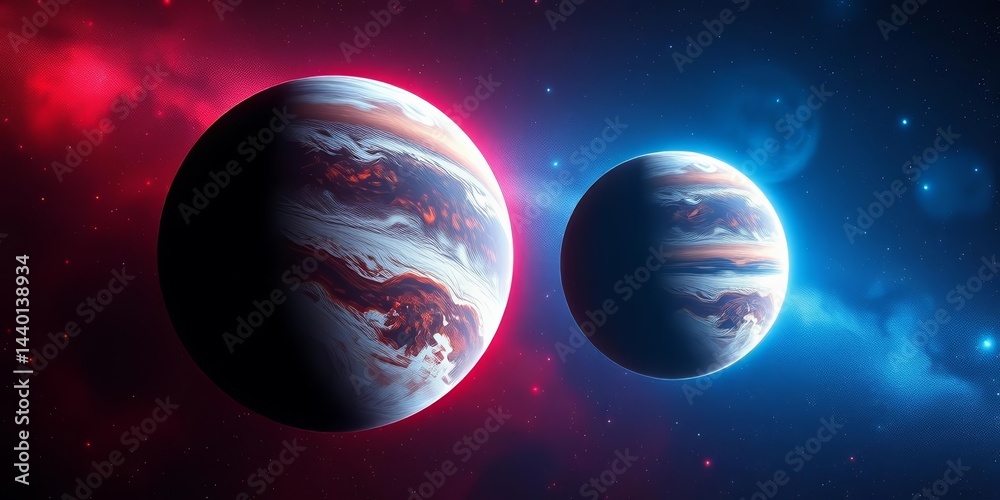 Fototapeta premium Twin planets, one bathed in crimson nebula light, the other in icy blue starlight, nebula, radiant