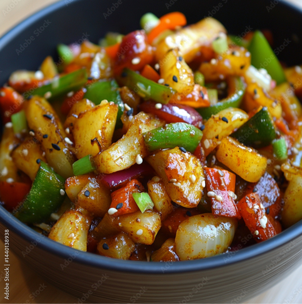 A dark gray, ribbed bowl contains a vibrant mix of cooked vegetables, vegetable stir fry A dark gray, ribbed bowl contains a vibrant mix of cooked vegetables, vegetable stir fry