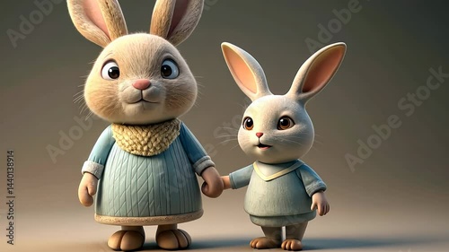 Cute rabbits in matching outfits share a heartwarming moment in a cozy setting while holding hands together Generative AI