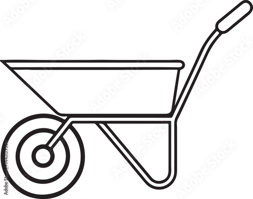 3D illustration of an empty metal wheelbarrow icon on a white background.