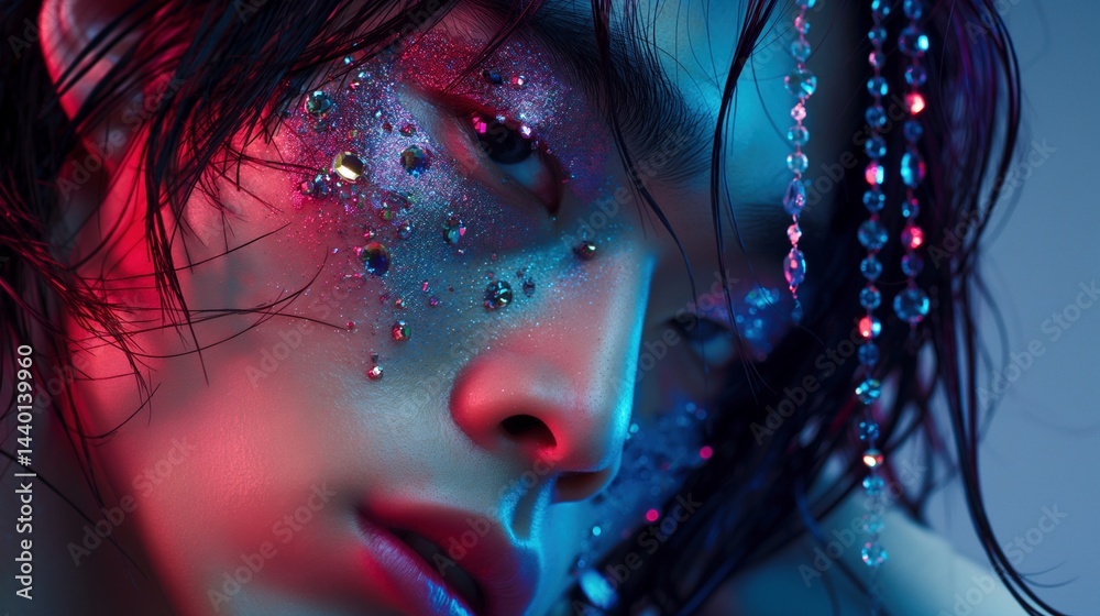 Asian male face under neon in glitter makeup and gemstones portrait image closeup, ai generated