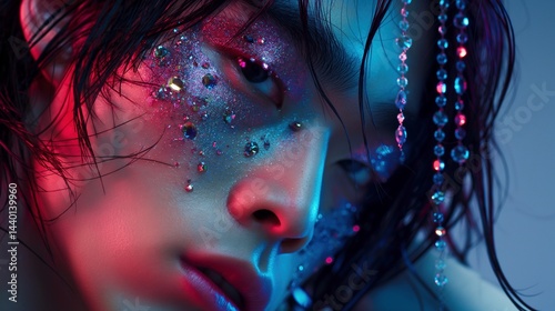 Obraz na płótnie Asian male face under neon in glitter makeup and gemstones portrait image closeup, ai generated w salonie