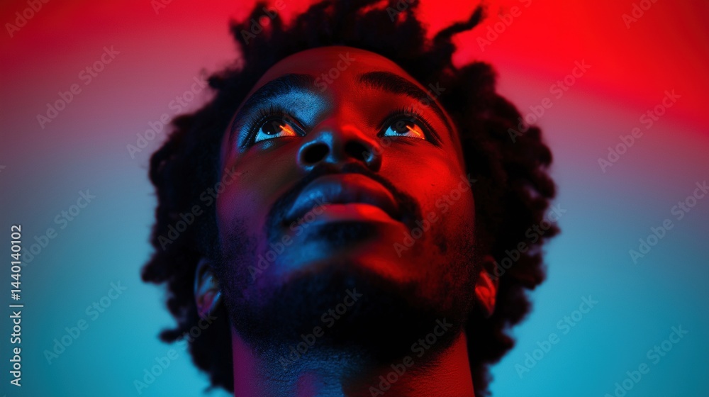 Dramatic black man looking upward, illuminated by neon lighting portrait image closeup, ai generated