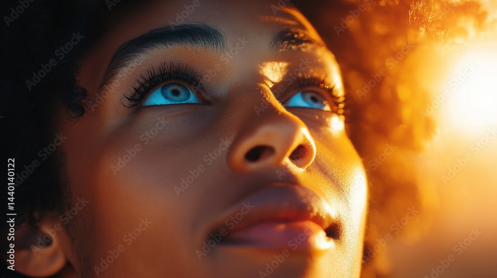 Black woman upward gaze, enhanced by radiant golden light portrait image closeup, ai generated