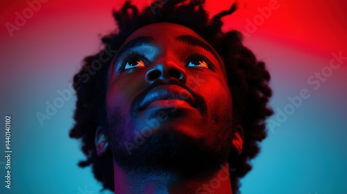 Obraz na płótnie Dramatic black man looking upward, illuminated by neon lighting portrait image closeup, ai generated w salonie