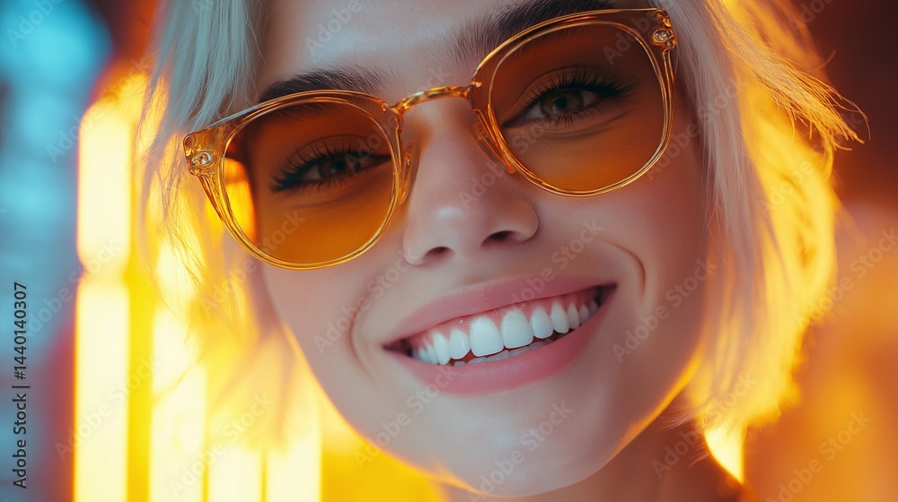 Cheerful portrait of blonde young woman in sunglasses image closeup, ai generated