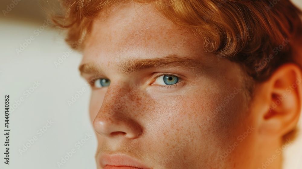 Young freckled man with ginger hair and blue eyes portrait image closeup, ai generated