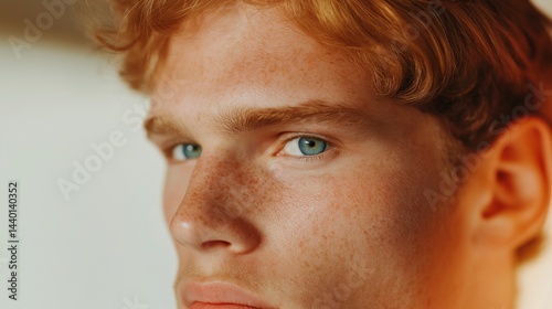 Young freckled man with ginger hair and blue eyes portrait image closeup, ai generated