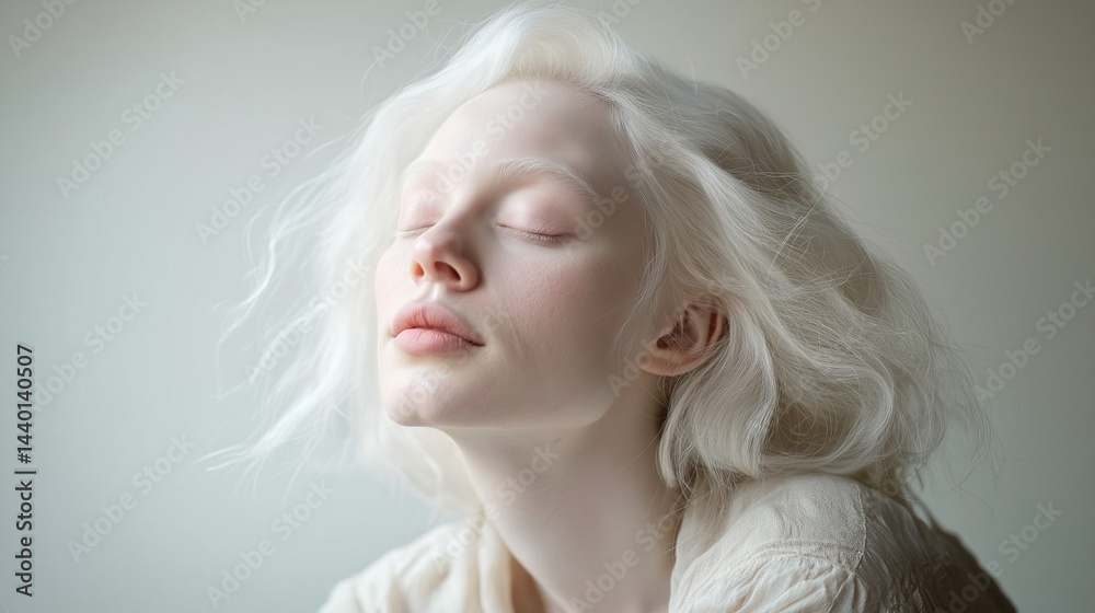 Peaceful portrait of albino woman with platinum blonde hair image closeup, ai generated