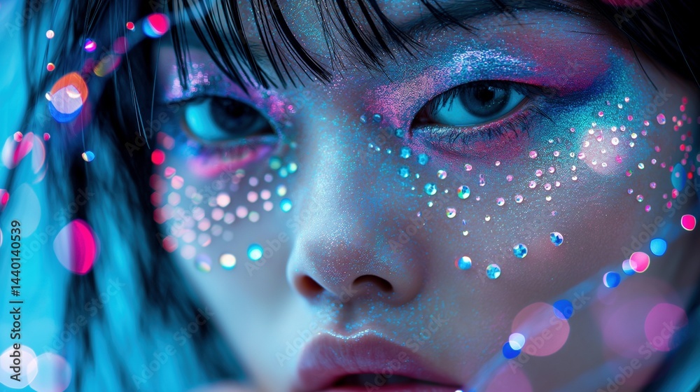 Neon gem makeup fantasy portrait image closeup, ai generated