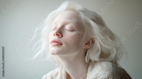 Obraz na płótnie Peaceful portrait of albino woman with platinum blonde hair image closeup, ai generated w salonie