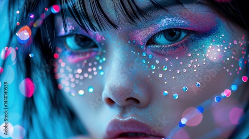Obraz na płótnie Neon gem makeup fantasy portrait image closeup, ai generated w salonie