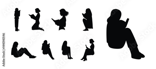 Silhouette of a woman, woman reading a book, vector silhouette.