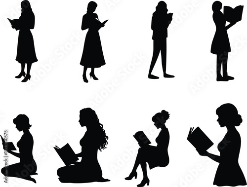 Silhouette of a woman, woman reading a book, vector silhouette.