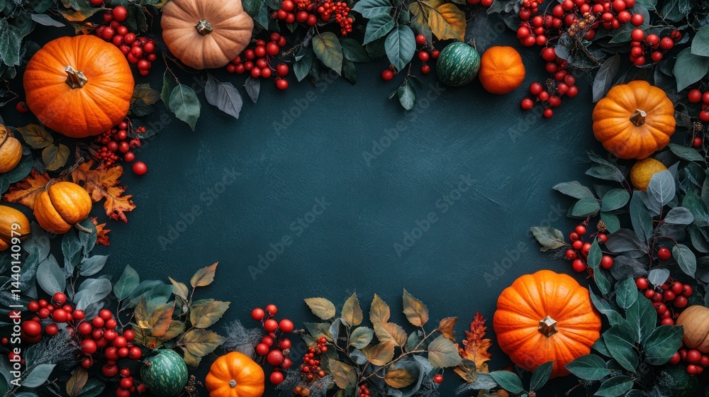 Pumpkins berries and leaves form a border around a dark blue background. Pumpkins berries and leaves form a border around a dark blue background.