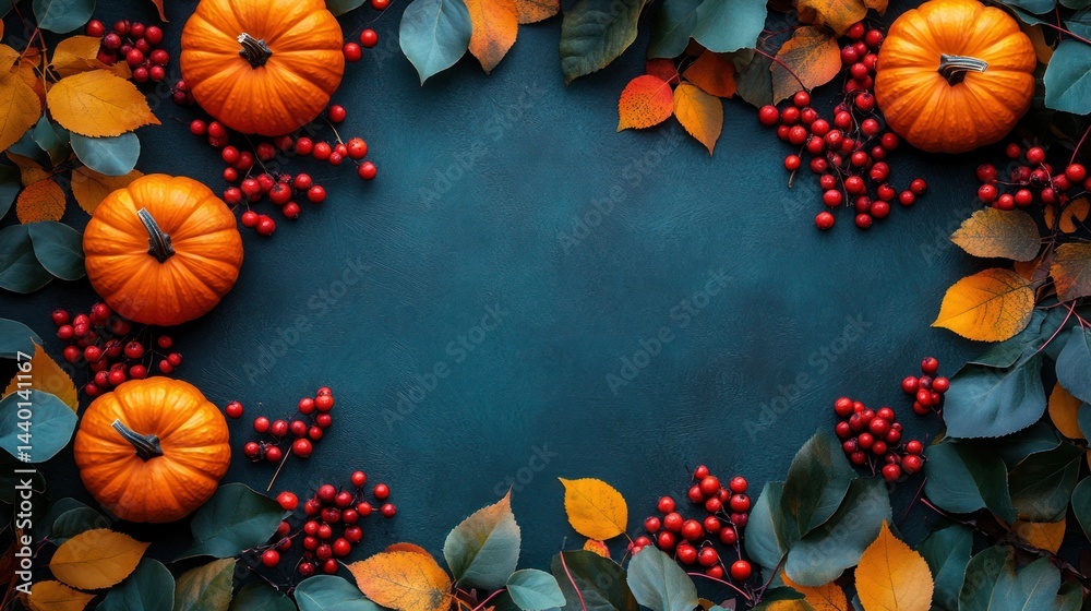 Pumpkins red berries and autumn leaves frame a dark blue background. Pumpkins red berries and autumn leaves frame a dark blue background.