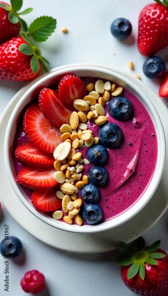 Overhead view of a delicious mixed berry smoothie bowl topped with crunchy nuts and seeds, vegetarian, almonds, organic Overhead view of a delicious mixed berry smoothie bowl topped with crunchy nuts and seeds, vegetarian, almonds, organic