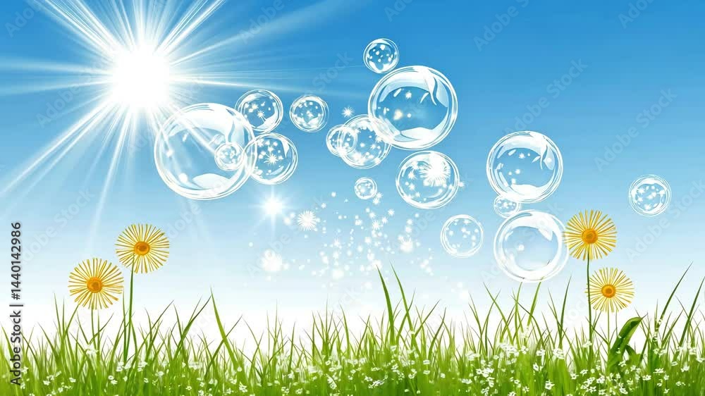 Summer bright background with soap bubbles. Soap bubbles fly in the blue sky above a green meadow with grass and flowers. The sun shines brightly. Animated background with spring nature.