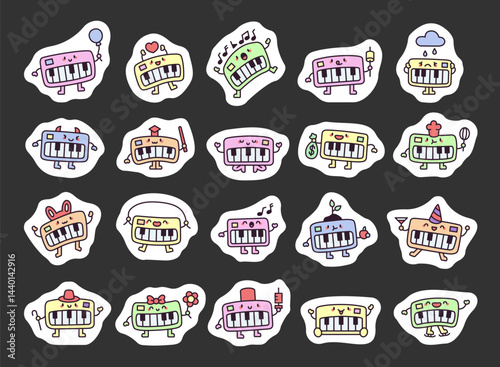Funny synthesizer piano characters showing different emotions and activities with balloons, hearts, music, costumes, food, hats, smiles, and charming gestures in a joyful set for creative design