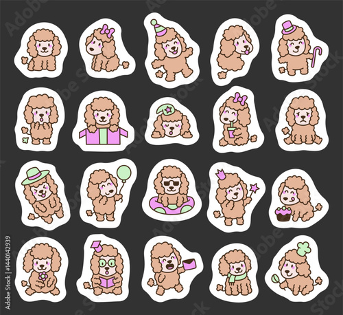 Adorable poodle character set showing cute emotions and fun activities like sleeping, reading, cooking, drinking, partying, and celebrating special moments for creative design