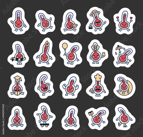 Cute thermometer character set showing different emotions and activities such as working, studying, celebrating, relaxing, cooking, sleeping, skating, eating, and enjoying everyday moments