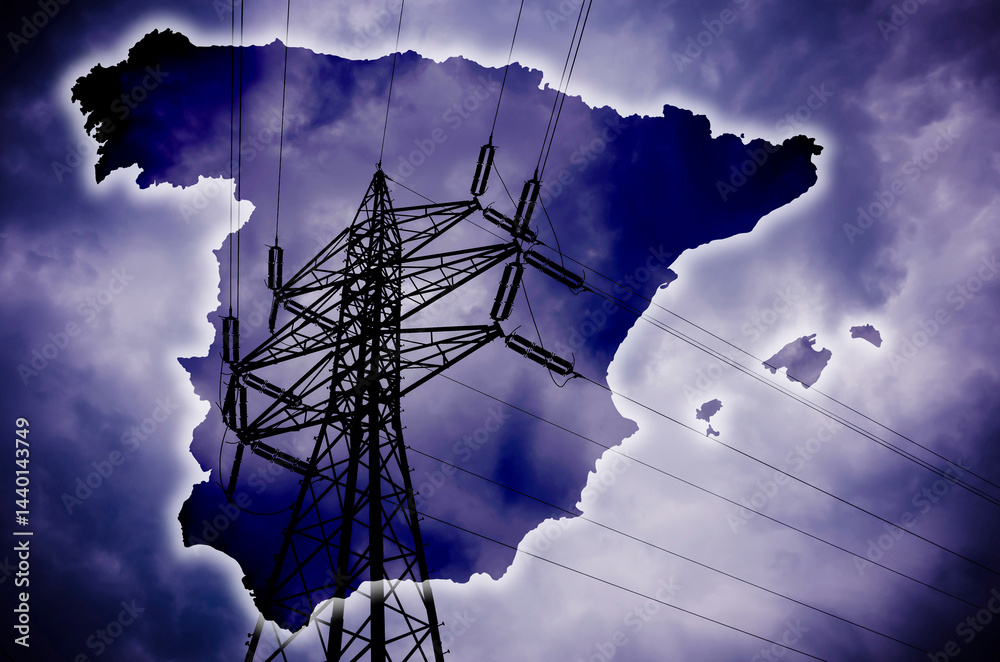 Spanish map, dramatic stormy clouds with electrical wiring, Spain blackout