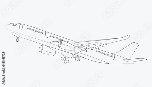 A continuous line drawing of the airplane took off with a white background. illustration of an isolated plane. Airline Concept Travel Passenger plane. Illustration
