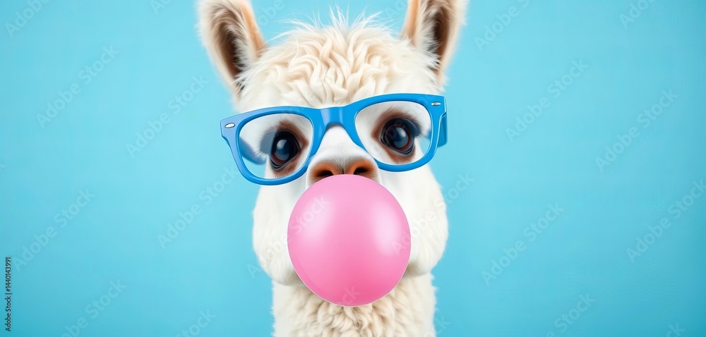 Fototapeta premium Pastel blue background, alpaca wearing blue glasses blows pink bubblegum, graphic, farm animal