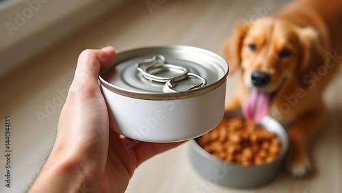 Minimalist hand holding a can of dog food, with a hungry dog in the background.
