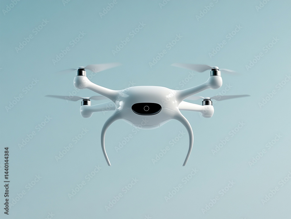 Naklejka premium 3D futuristic food delivery drone, clear blue sky behind, minimal composition, use for food tech banners