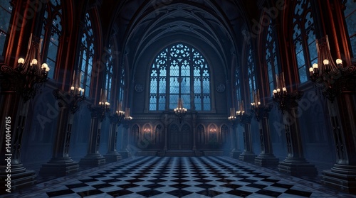 Gothic Cathedral Interior with Ornate Architecture and Dramatic Lighting