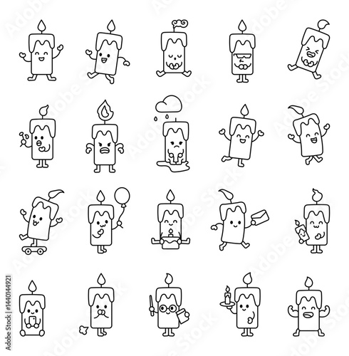 Cute kawaii cartoon candle characters with emotions activities expressions gestures and playful mascot outline fun design