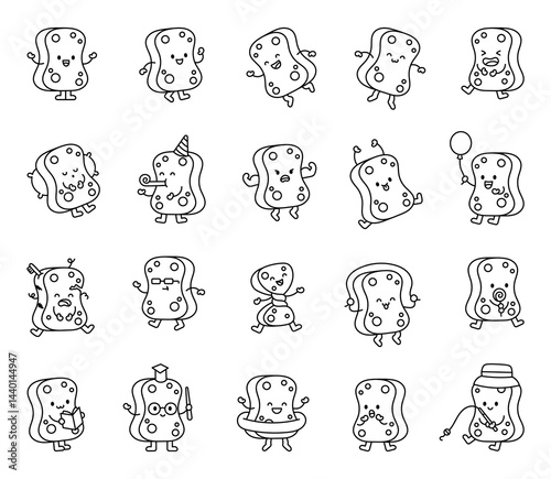 Cute kawaii cartoon sponge characters for fun emotional outline mascot design and joyful playful illustration set collection bundle