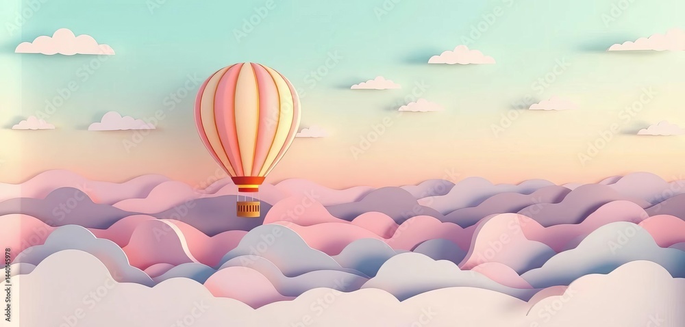 Fototapeta premium Pastel sky, hot air balloon paper craft, layered design, vector illustration, hot air balloon, colorful