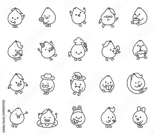 Pomelo cartoon characters in kawaii style expressing emotions waving smiling jumping reading sleeping cooking blogging and wearing costumes hats and accessories