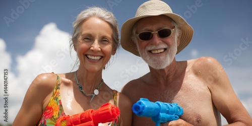 Senior couple having fun with water guns outdoors