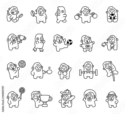 Cute yeti sport cartoon characters playing with balls, rackets, skates, trophies, jump rope, barbells, medals, outfits, gear and smiles