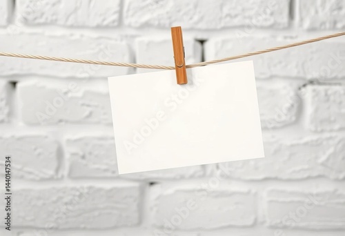 Rustic clothespin holding blank notecard on twine against white brick wall,  craft, clothespin