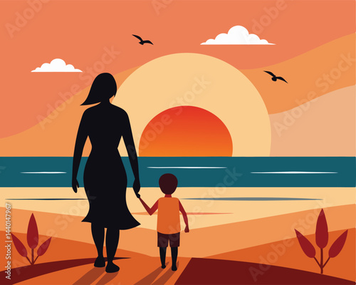 A Mother And Child On A Beach At Sunset