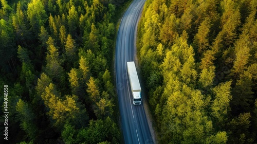 Truck driving through forest road, green trees and forest surrounding