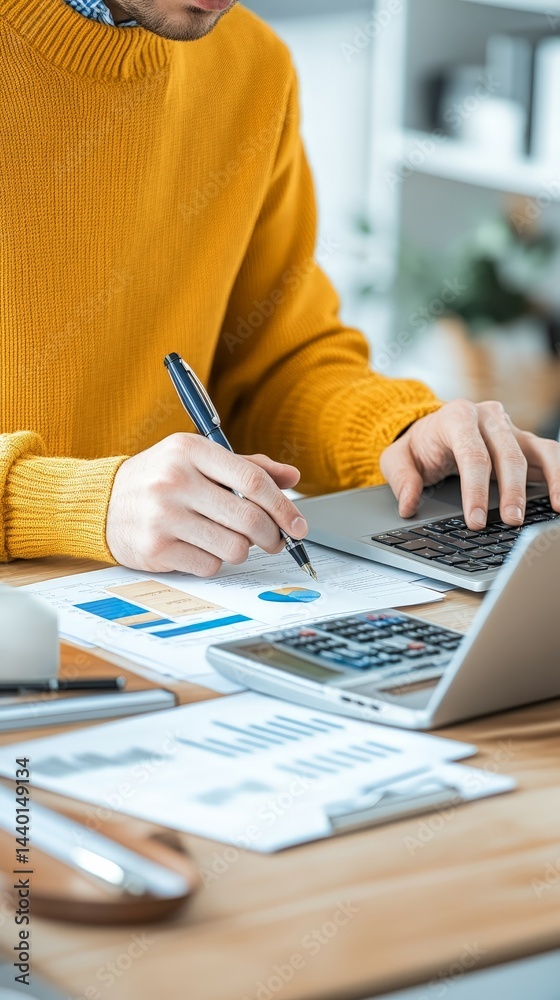 Fototapeta premium Focused Finance Work in Office with Calculator and Charts