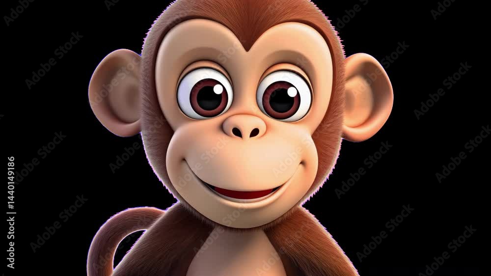 Cute cartoon monkey smiling animated overlay, transparent 4K video, alpha channel, ProRes 4444