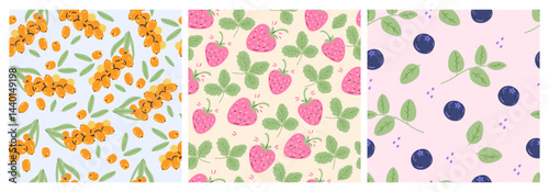 Set of botanical vector seamless patterns with ripe berries blueberry, strawberry, sea-buckthorn and leaves.