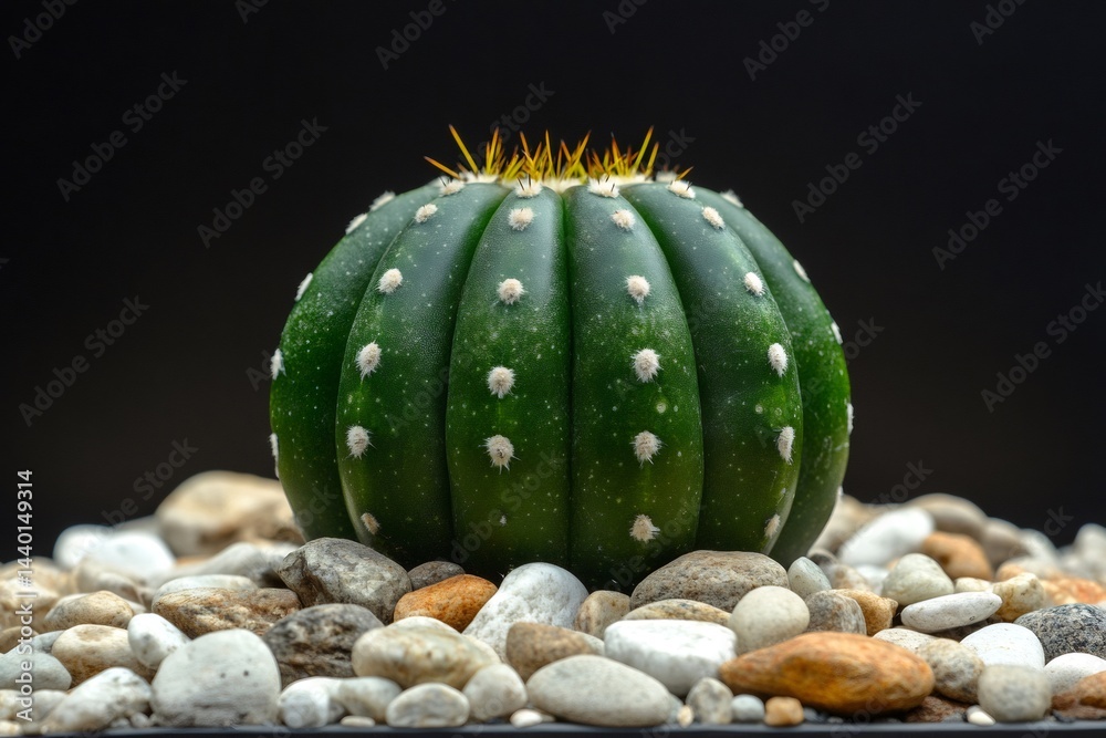 Astrophytum asterias nudum cactus growing on white pebbles